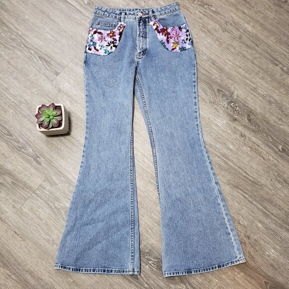 Vintage * Bell Bottom Flare Jeans * Sequins Sz S - Picture 2 of 9